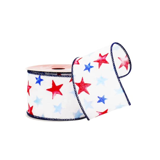 2.5" x 6.6yd. Red, White & Blue Stars Wired Cross Linen Ribbon by Celebrate It®